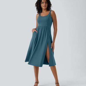 Padded Midi Casual Dress with Built-In Bra, Blue, Size Large